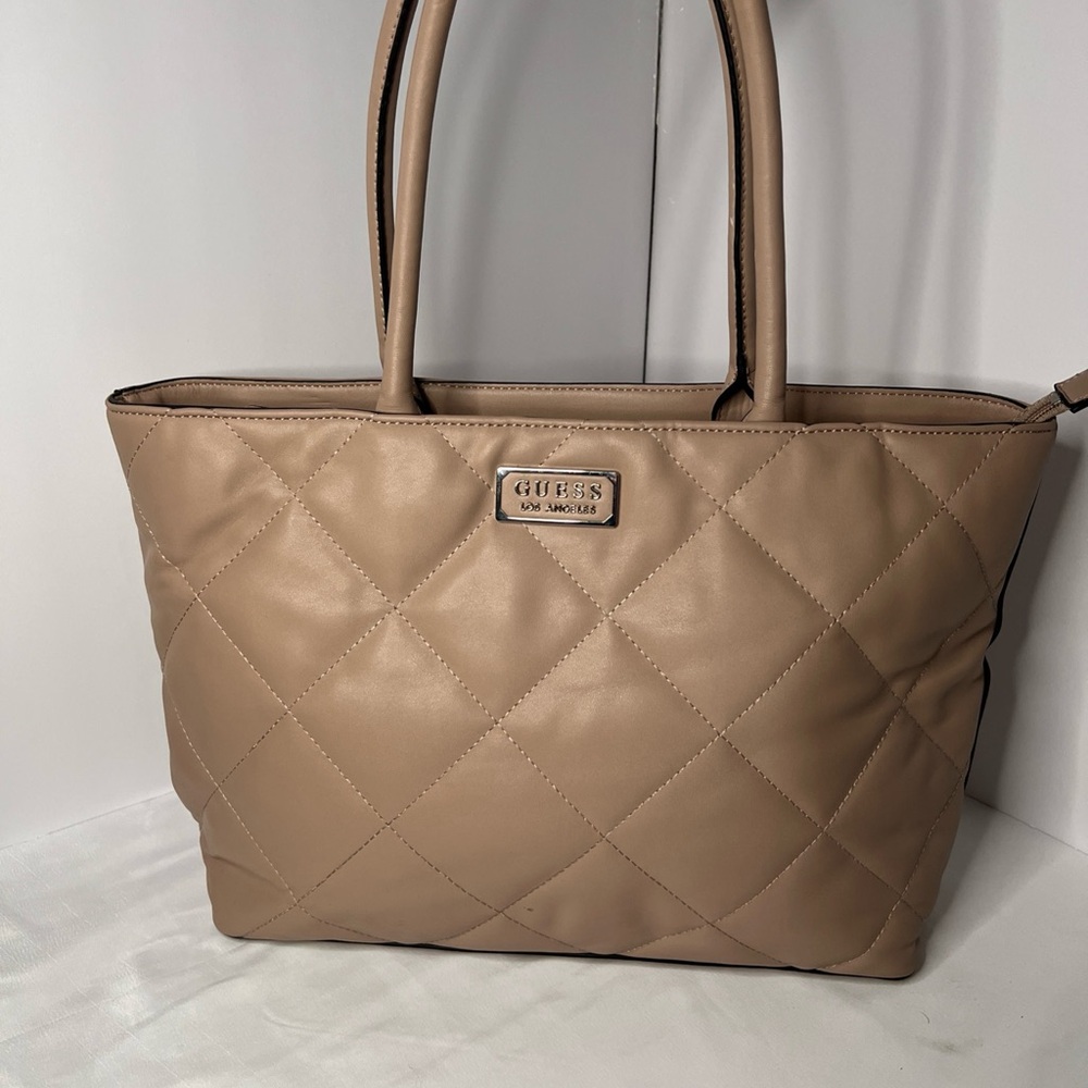 GUESS Quilted Taupe/Beige Leather-Look Tote - Picture 1 of 10